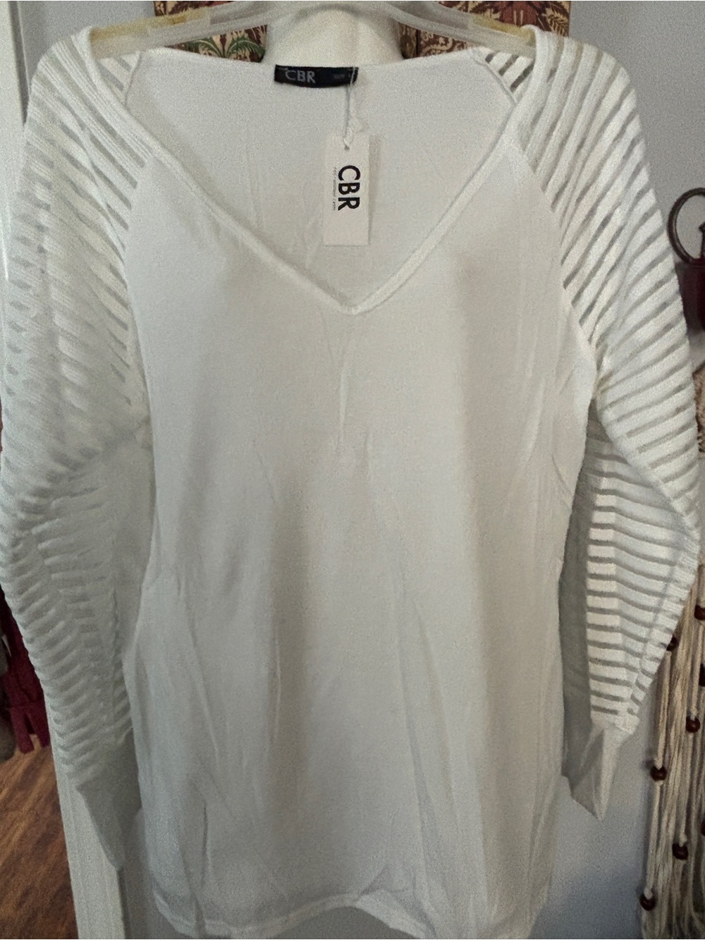 CBR NWT White top with see through stripes on sleeves- LARGE- RED